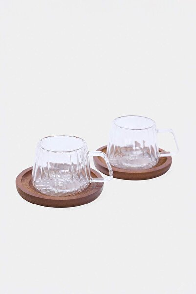 TRENDYOLMİLLA HOME Set of 2 200 ml Double Walled Cups with Wooden Plates Tpha...