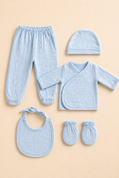 Soule Baby Premium %100 Pamuk Organik Müslin Nefes Alan 5’li Bebek Seti – Soft Mavi