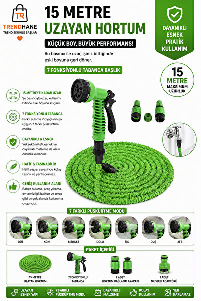 Trendhane Magic Hose15 Metre Uzayan Hortum Sihirli Hortum Bahçe Sulama Seti