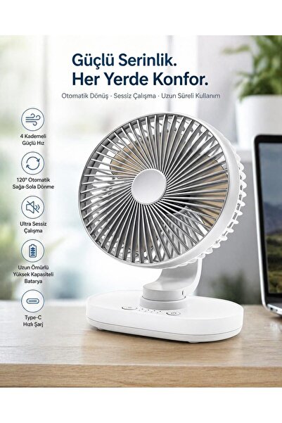 AET Mini Masaüstü Fan Usb Şarjlı 4 Kademeli Kişisel Otomatik Salınımlı Taşına...