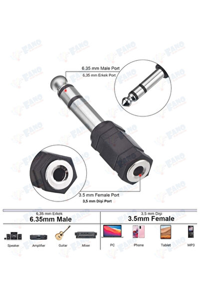 FANO (2 Adet)-6,3 mm Stereo Erkek -3,5 mm Dişi Kulaklık Jakı Fişi Ses Stereo Adaptörü, Kulaklık, Enstrüman, Gitar