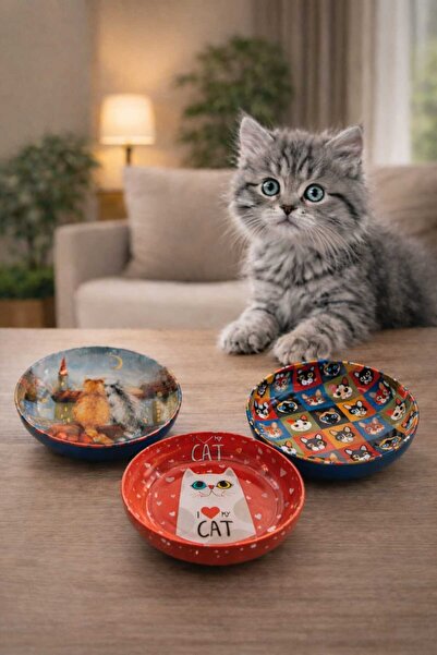 TH Trabzon Hatırası Üçlü set Temalı Manzaralı Metal Kedi Mama Kabı ve Su Kabı