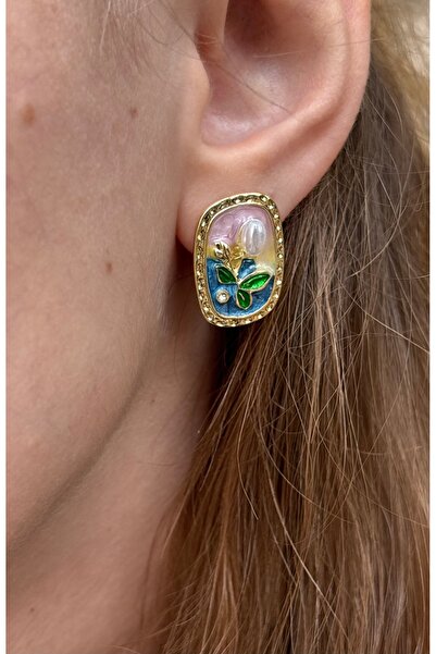 DİESMOONCO Floral Patterned Pearl Tipped Vintage Model Design Earrings