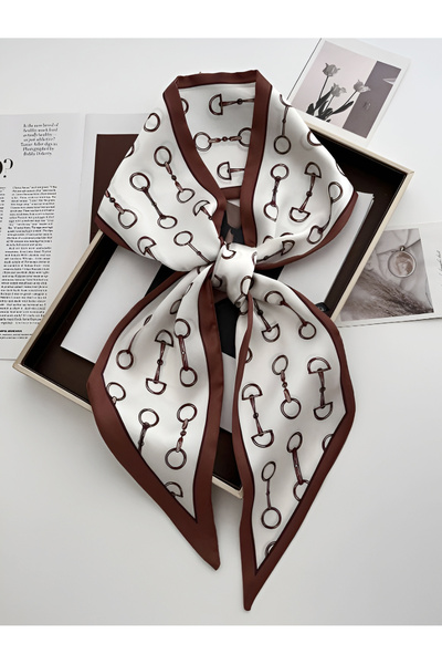 josef mariyy Horsehair Patterned Satin Scarf Brown Ecru Stylish Elegant Women...