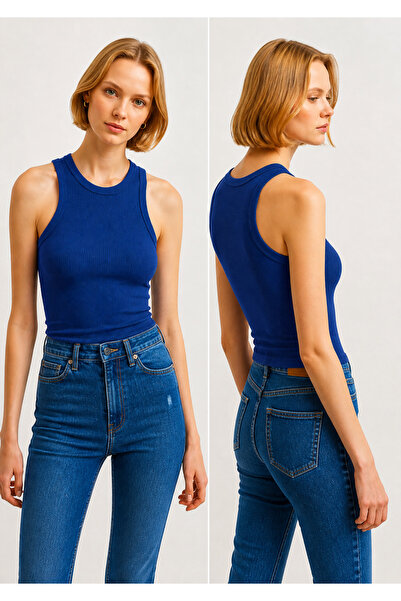 Kadın Koyu Mavi Fitilli T-shirt Halter Yaka Atlet Basics Body Kolsuz Ribanalı Bisiklet Yaka