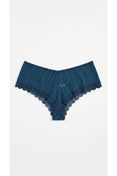 Zi 3 Pieces 1 Pack Navy Blue Striped Lace Detailed Hipster Panties with Stone Detail