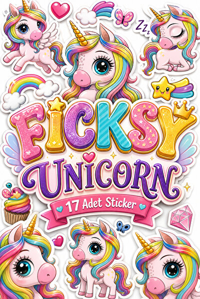 Ficksy Unicorn Tek Boynuzlu At Sticker Seti - 17 Adet Etiket Çıkartma