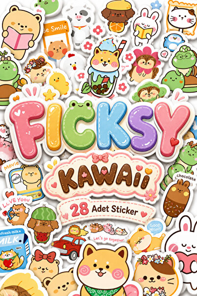 Ficksy Kawaii Stili Sevimli Hayvanlar Sticker Seti - 28 Adet Etiket Çıkartma