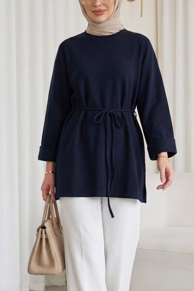 Modamorfo Slit Ribbed Knit Tunic with Layered Sleeves and Tie Waist - Navy