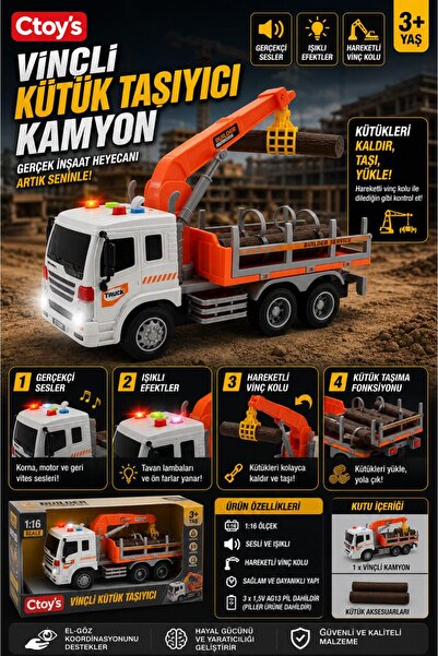 ctoy Oyuncak Sesli, ışıklı ve Pilli Vinçli Kütük Taşıyıcı - CTOY-WY300F