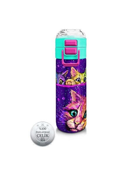Coral High Kids Mor Pembe Kedi Desenli Pipetli ve Direkt İçim Çelik Termos 50...