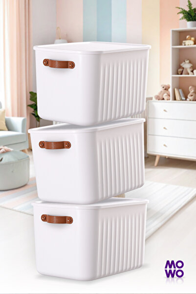 Mowo Home BigBox Kulplu 20 Lt 4'lü Beyaz Dolap Düzenleyici Saklama Kutusu Sepet Organizer Oyuncak kutusu