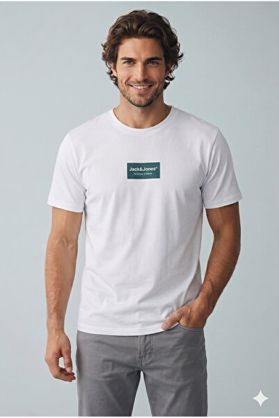 Jack & Jones Erkek Gögüs Logo Baskili Beyaz Tisört - Frank