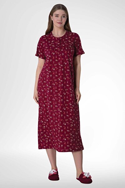 Mecit Pijama Mecit 6024 Claret Red 100% Cotton Large Size Women's Nightgown