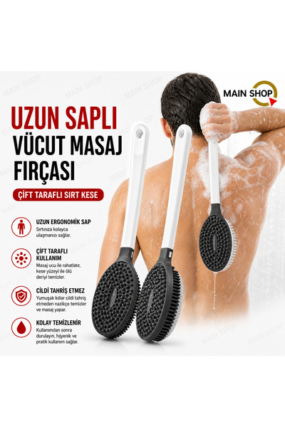 MAİN SHOP 2 Adet Çift Taraflı Uzun Saplı Banyo Fırçası - Yumuşak Kıllı Tahriş...