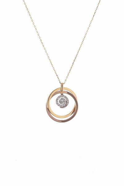 MOOM MÜCEVHERAT 14 Ayar Altın Taşlı Spiral Motifli Çift Çember Kolye 42 Cm