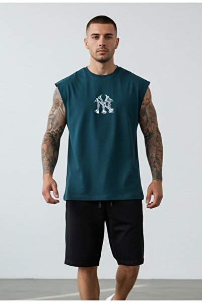 Altamira Erkek Petrol Mavi NY Baskılı Oversize Kolsuz T-shirt