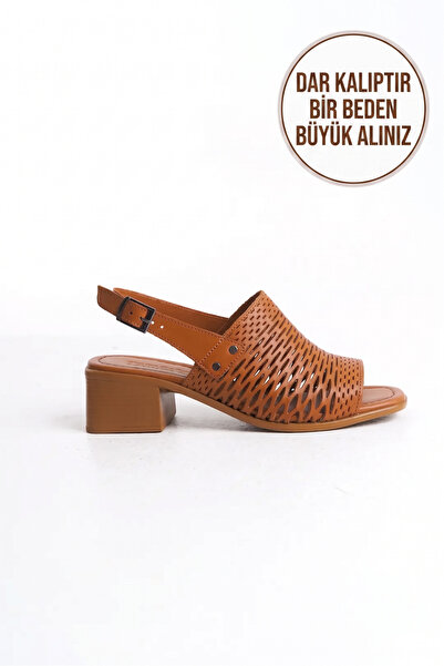 Tamdabu Ayakkabı Hakiki Deri Taba Kısa Topuklu Kadın Sandalet Tmd2025779