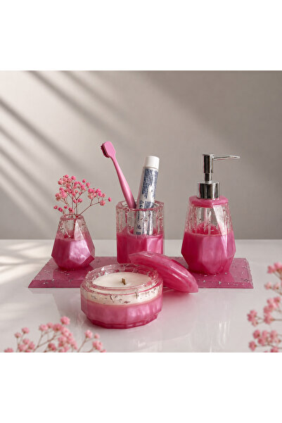 ARTEVIA HOME Pink Aura Epoksi Banyo Sabunluk Seti - Sıvı Sabunluk, Fırçalık, ...