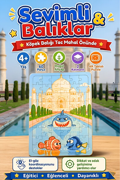 caps office 54 Parça Eğitici Ahşap Puzzle & Yapboz Sevimli Balık Dostları Tac...
