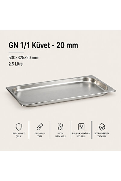Natsan Paslanmaz Çelik Gastronom/gastronorm Küvet Gn 1/1-20 (53 X 32,5 X 2 CM)