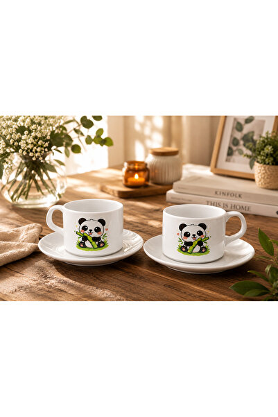 2 Kişilik Panda Desenli Porselen Kahve Fincanı Seti – Tabaklı ve Kaşıklı Türk Kahvesi Sunum Seti