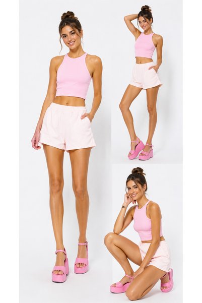 Kallisto Pink Ribbed Halter Collar Knitted Crop Tank Top