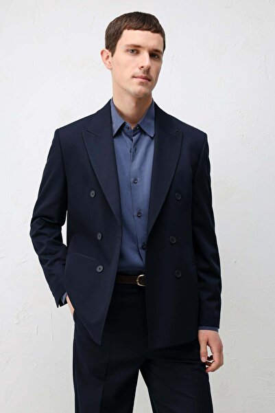 Antioch Lacivert Kruvaze Relaxed Fit Erkek Blazer Ceket