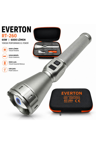 farissu Everton RT-260 60W 6000 Lümen Ultra Güçlü Şarjlı El Feneri - 2 KM Men...