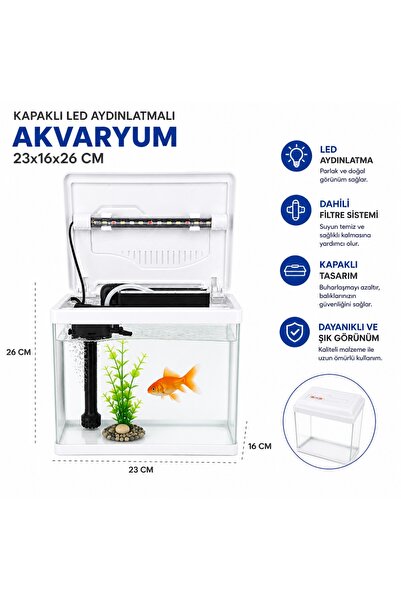 makro İTHAL AKVARYUM BEYAZ KAPAKLI 23*16*26 CM FİLTRE + LED IŞIK / FULL SET