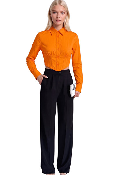 Asfaha Fashion Kadın Gömlek Yaka Düğmeli Crop Gömlek