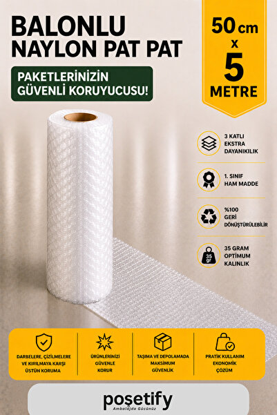 POŞETİFY 50 cm x 5 m Balonlu Naylon Patpat | 1. sınıf | 3 Katlı | 2,5 m2 | 35...