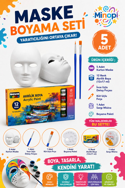 Minopi 5 Adet Karton Maske , 12 Renk Akrilik Boya , Resim Fırçası , Resim Pal...