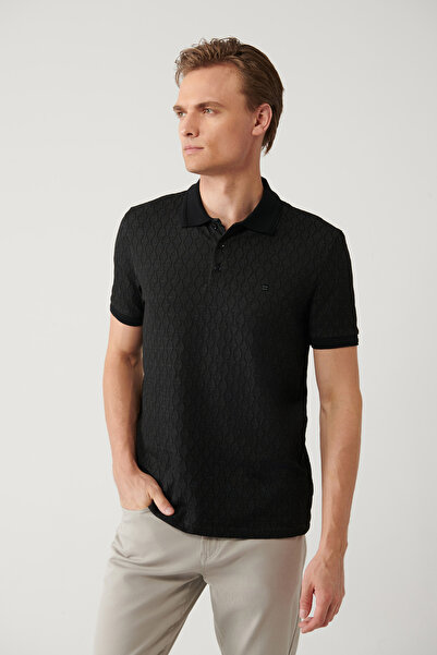 Avva Muška crna polo majica sa 3 dugmeta Žakard regularnog kroja T-shirt A41Y...