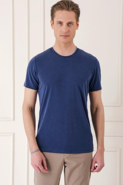 Efor Slim Fit Bisiklet Yaka Doku Desenli Pamuklu Lacivert Tişört Ts 881