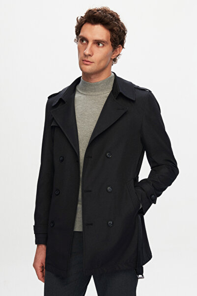 D'S Damat Ds Damat Regular Fit Black Epaulet Belted Top Coat/Trencoat