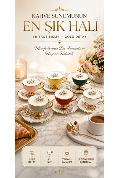 Ogeda Home 6’lı Çiçek Desenli Renkli Kahve Fincanı Takımı – Balsa Gold Ayaklı...