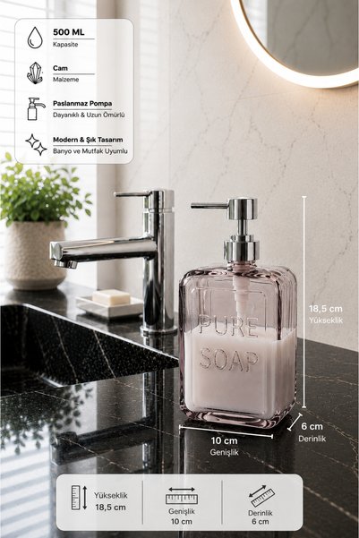 Padilon موزع صابون سائل زجاجي نقي سعة 500 مل، موزع صابون شفاف للحمام والمطبخ، مقاس 18.5 × 10 سم