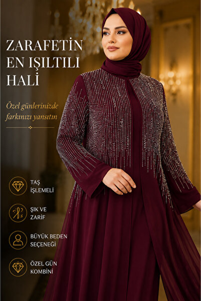 Aynur Tesettür Tesettür Abiye Büyük Beden Taşlı Şık Uzun Kollu Modest Elbise ...
