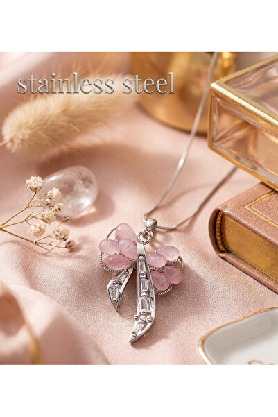 stainless steell Silver Color Pink Stone Sword Motif Stainless Steel Necklace