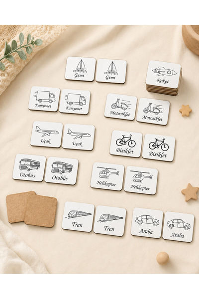 karbonsoft Zeka Kartları Ahşap Eğitici Hafıza Eşleştirme Oyunu Araba Eğitici Puzzle Oyuncak Kartoyunu 5,5x7,5cm