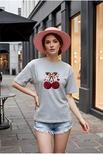 HOFFNUNG Unisex Short Sleeve Round Neck 2Cherries Love Printed Solid Color Ts...