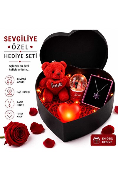 Kalpkutusu Kalp Hediye Kutusu Sevgiliye Özel Ayıcıklı Kar Küresi Kolye Seti R...