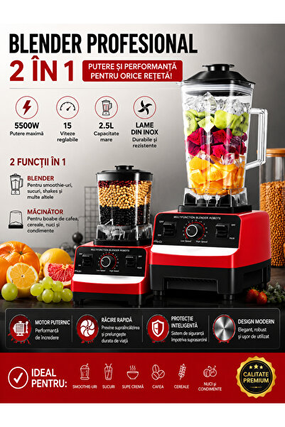 OEM HomeRoy – Blender Profesional 2 în 1, 2.5L, 5500W, 15 Viteze