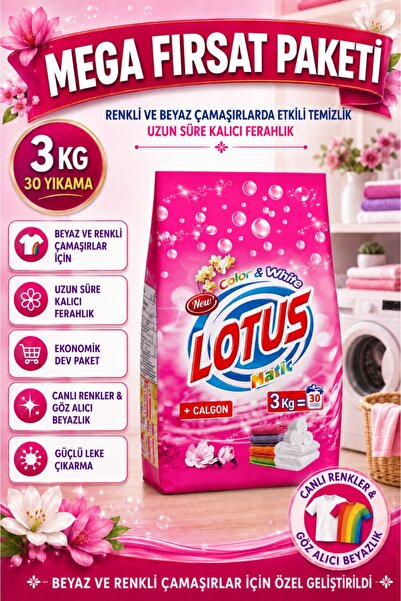 LOTUSMATİC 3 kg Toz Çamaşır Deterjanı – Beyazlar & Renkliler İçin Derin Temiz...