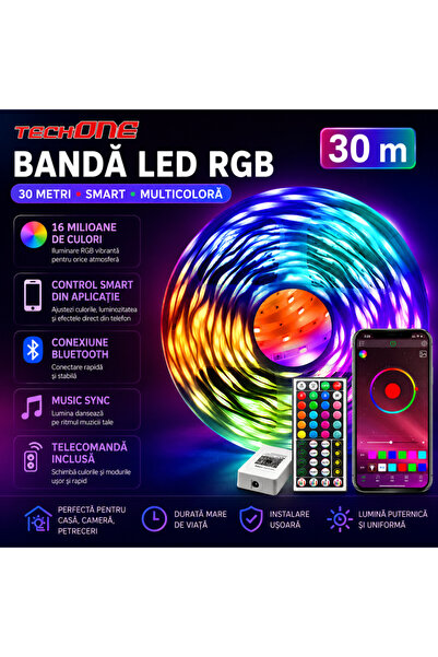 Techone Kit bandă LED Smart RGB 30 m (2x15m), Aplicație, Telecomandă, Bluetooth, Multicolor
