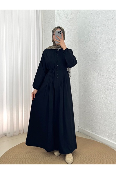 BENAHOLL Maruna Poplin Pileli Düğmeli Elbise-NA2404 Siyah