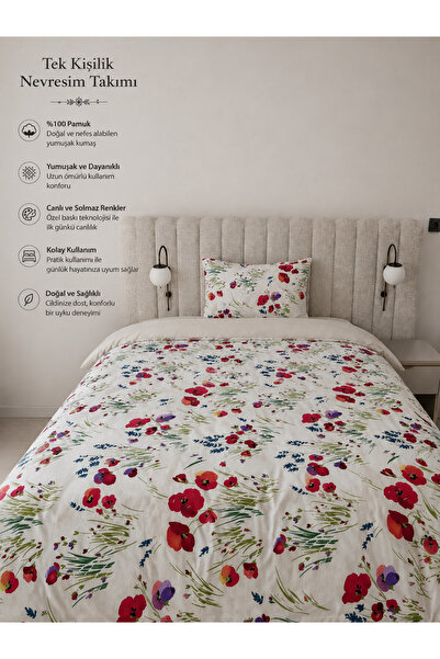 LaLiva Gelincik Single Duvet Cover Set with Elastic Sheet, Natural Healthy Co...