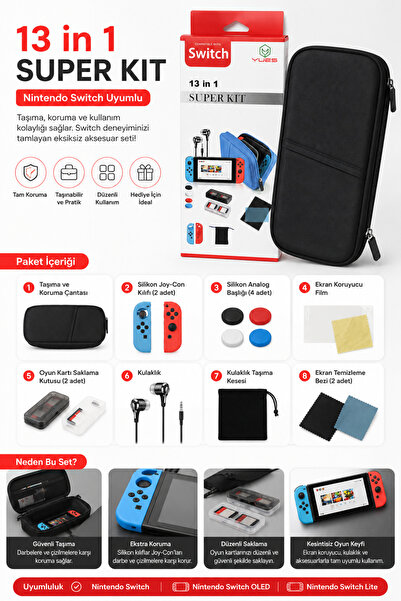 Switch Compatible 13-Piece Accessory Set Carrying Case Silicone Case Screen Protector Card Box Earphone