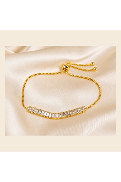 Jewelliss Gold Plated 6*3 mm Zircon Baguette Stone Steel Bracelet with Adjust...